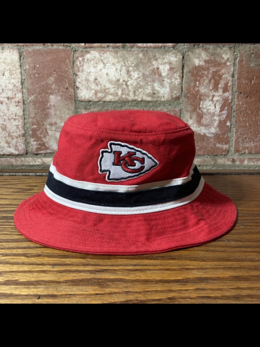 Men's Red Bucket Hat with Team Patch and Black-White Band